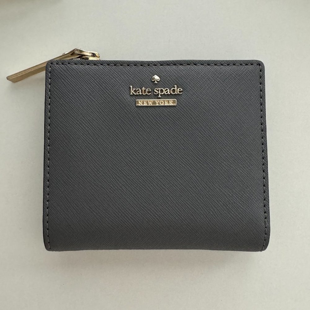 kate spade Gray Saffiano Zip Wallet with Gold Hardware